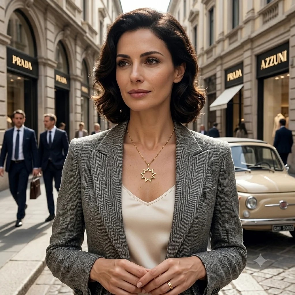 A woman wearing the AZZUNI nine-pointed star pendant on Via Montenapoleone, Milan